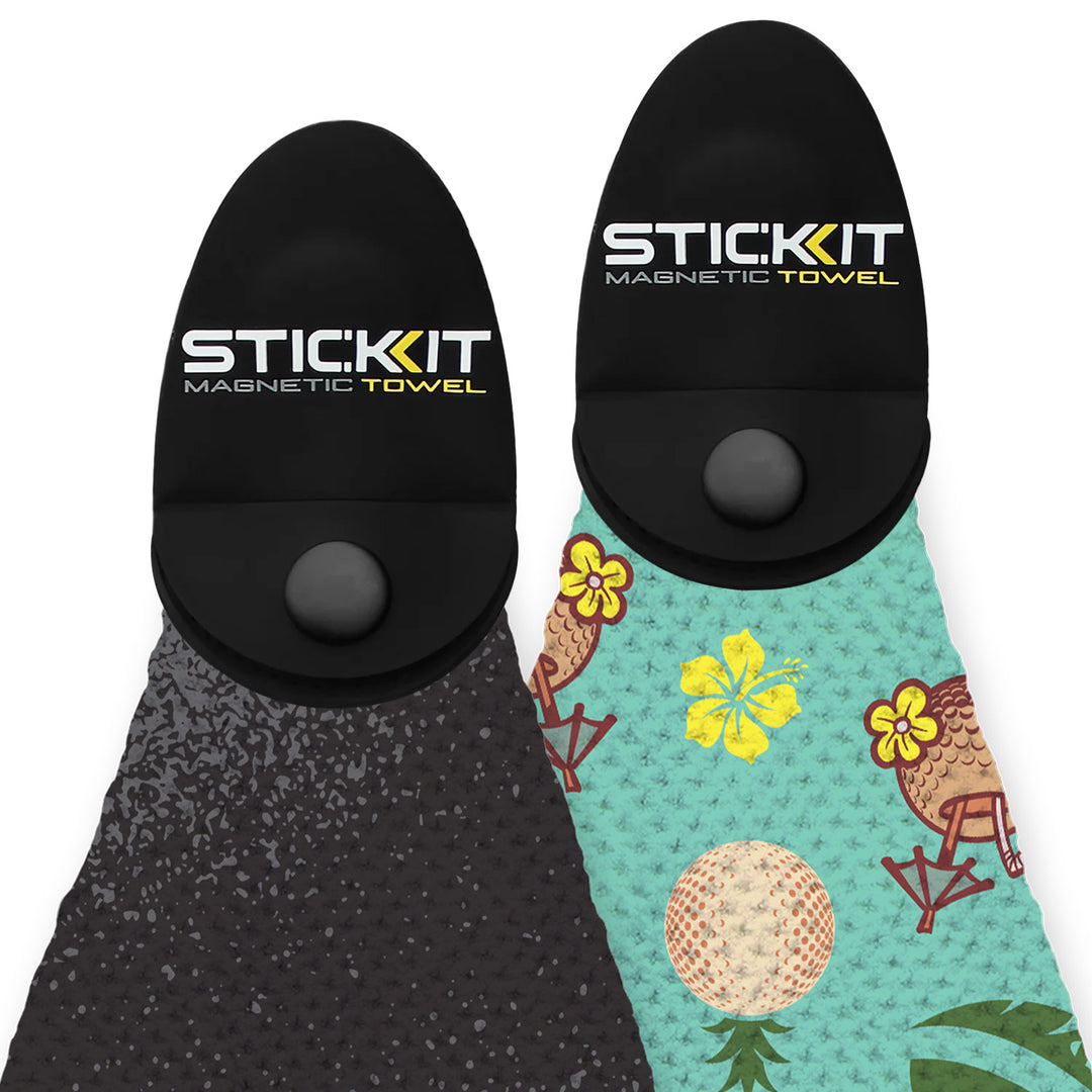 Black and teal STIC KIT magnetic towels with textured grips featuring a tropical design and solid color option.