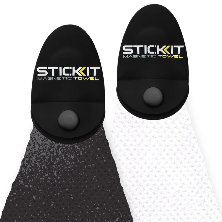 Black and white magnetic towels with textured surface, featuring Stickit logo for easy attachment. Ideal for workouts.