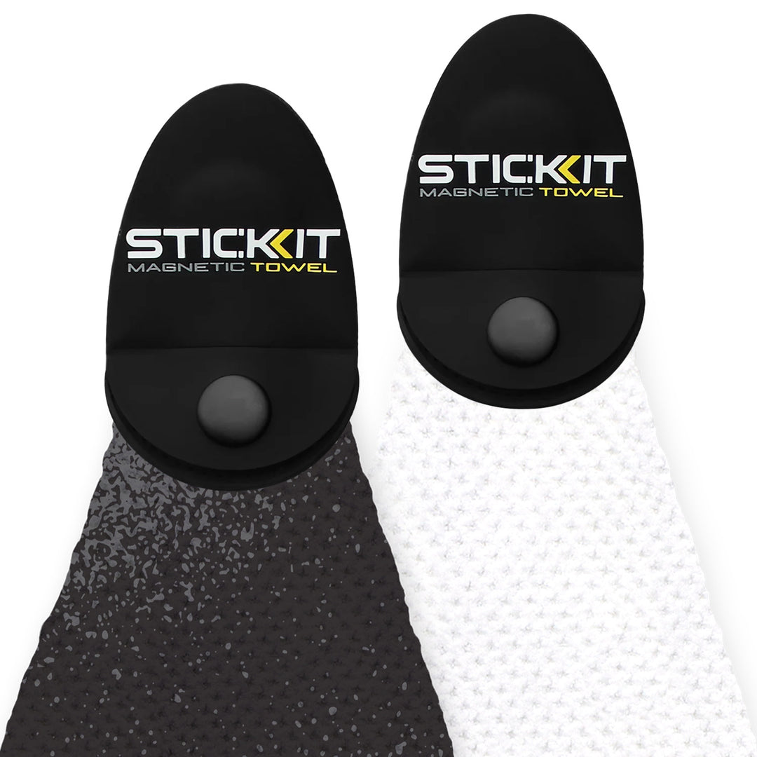 Black and white magnetic towels with textured surface, featuring Stickit logo for easy attachment. Ideal for workouts.