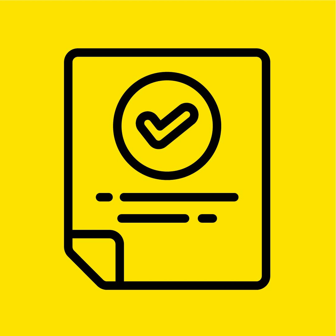 Black outline of a verified document on a bright yellow background, ideal for showcasing approval or certification.