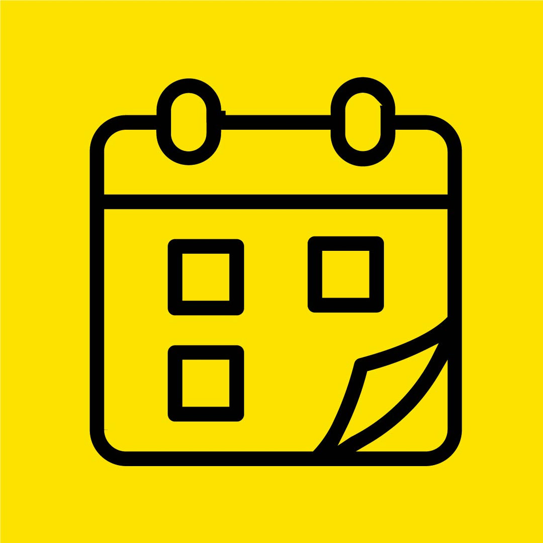 Yellow calendar icon with black outline, featuring a peeled corner for a modern, minimalist look.