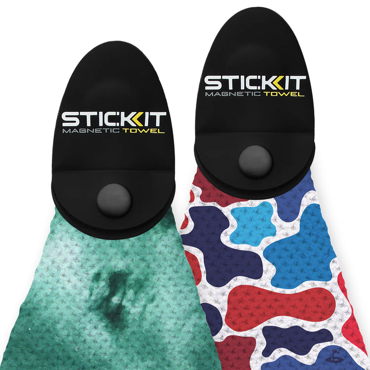 Green and blue patterned magnetic towel set with black holders, perfect for outdoor adventures and quick drying.