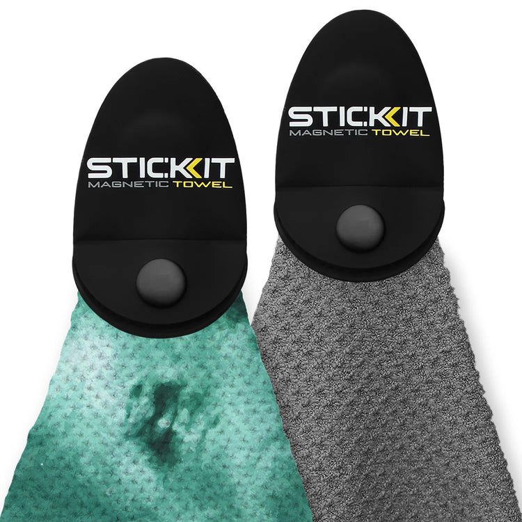 Dual pack of STICKIT magnetic towels in teal and gray, textured microfiber with black magnetic clips for easy attachment.