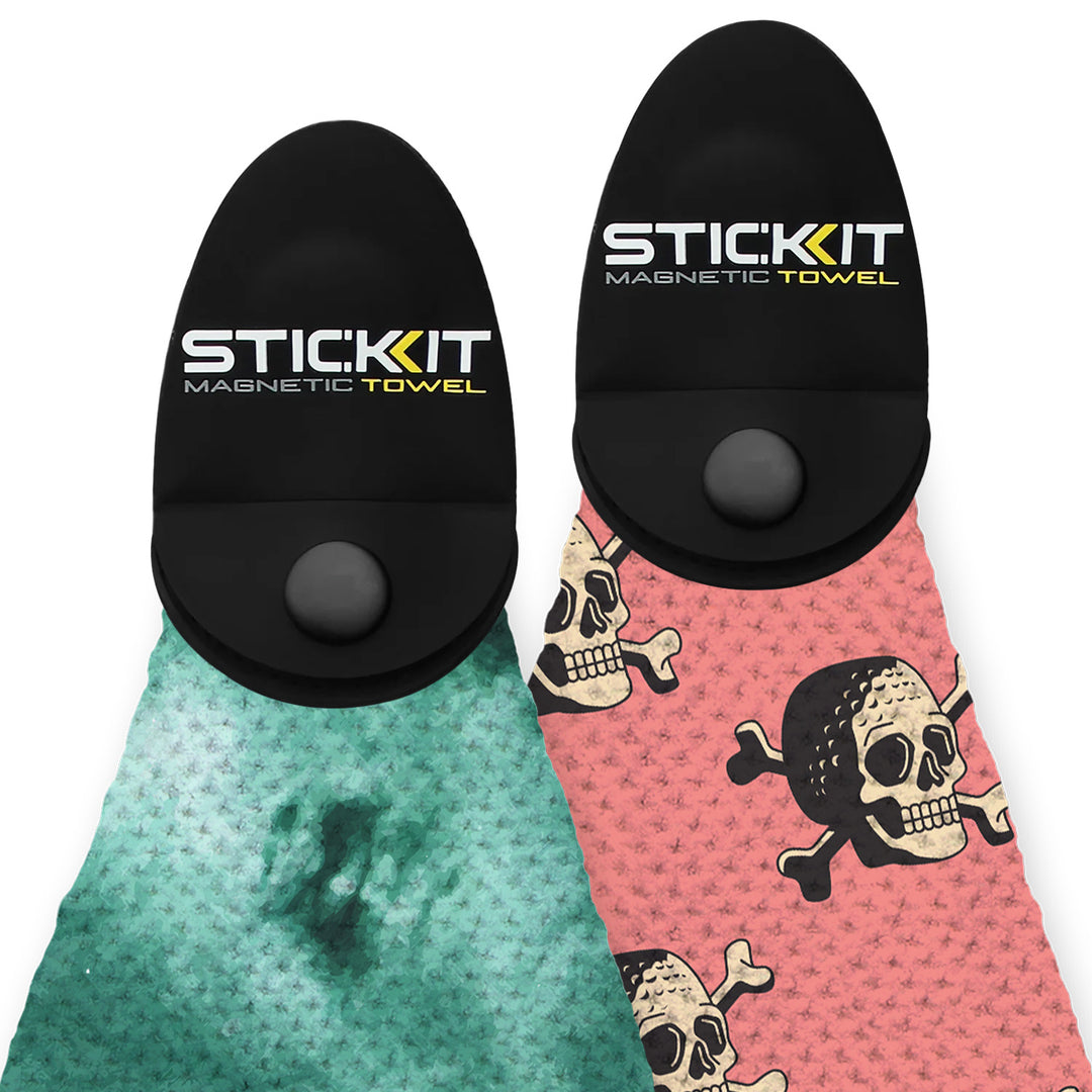 SticKit magnetic towel, teal and pink with skull designs, durable microfiber, perfect for outdoor adventures.