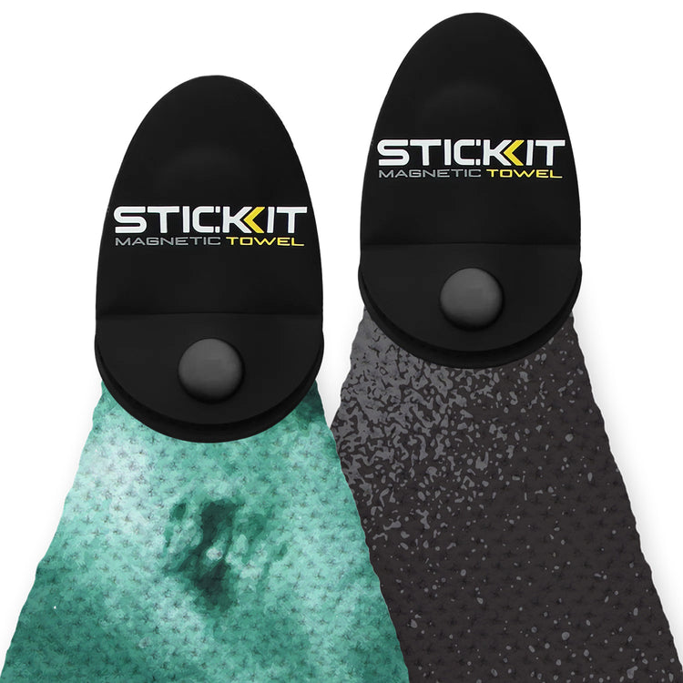 Black and teal microfiber magnetic towels with a sleek design, perfect for sports and outdoor activities.