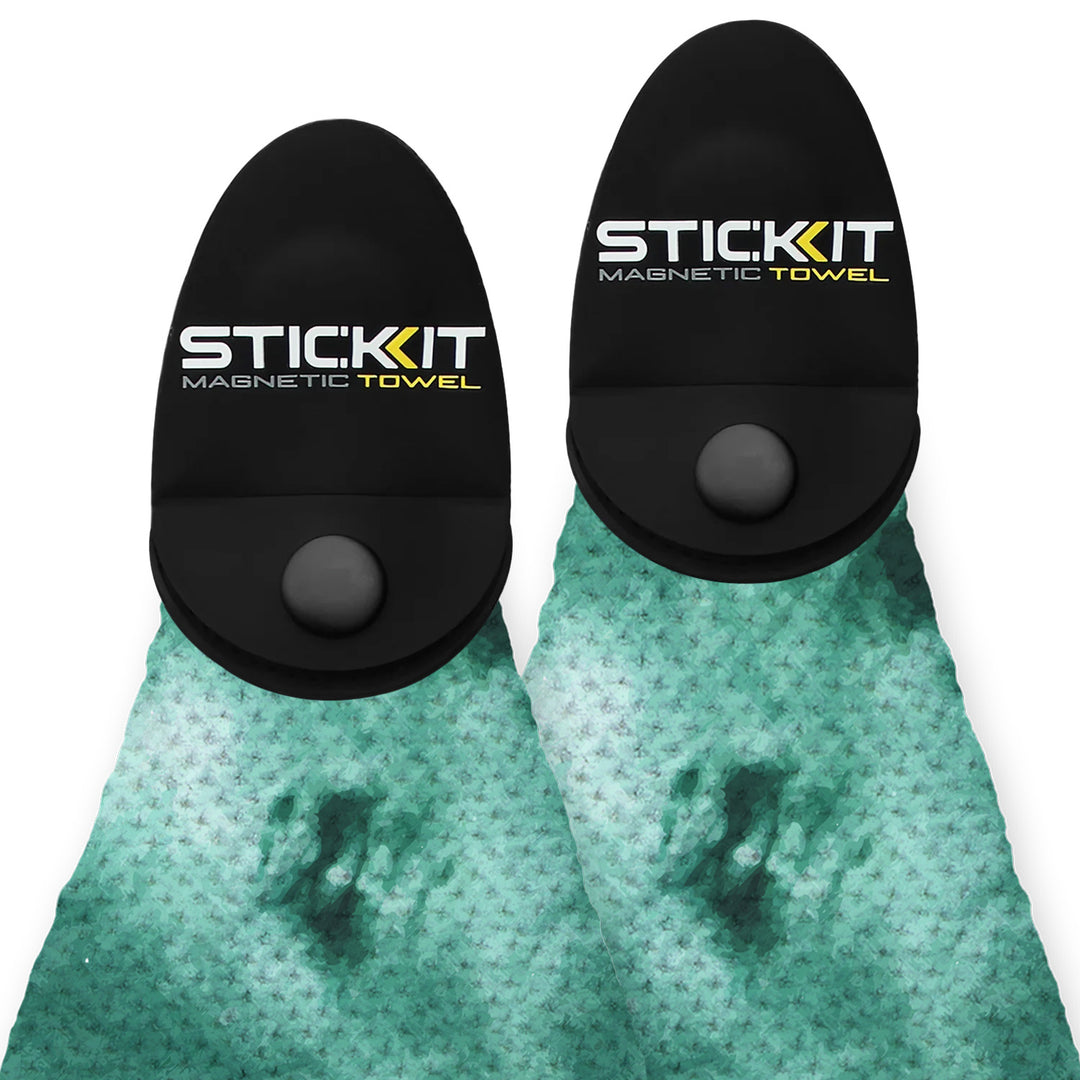 Black and teal STICKIT Magnetic Towel with a textured microfiber material for easy grip and quick drying.