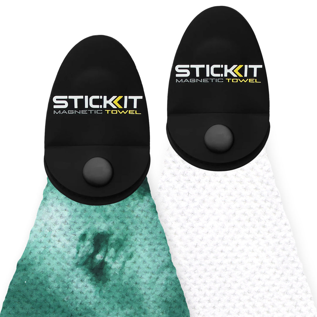 Black and white magnetic towels with textured fabric, ideal for outdoor activities and gym use.