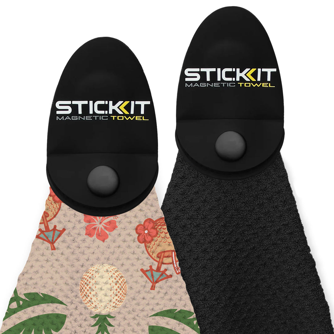 STICKit Magnetic Towel: tropical patterned and black microfiber sides, versatile, stylish, and convenient for outdoor adventures.