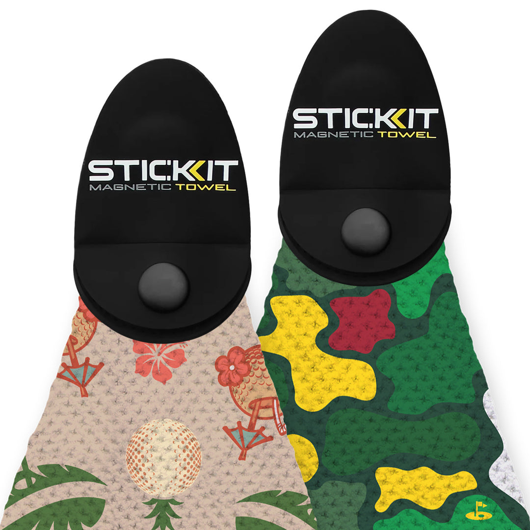 Stylish magnetic towels with tropical and camo patterns, featuring a black rounded top and durable fabric design.