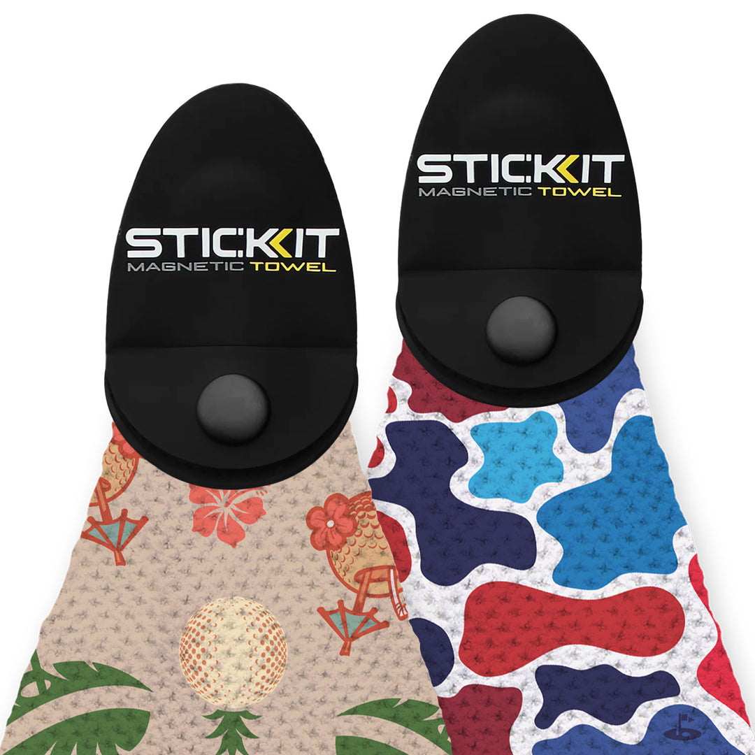 SticKit magnetic towel set featuring tropical and camouflage patterns, sleek black ends, durable fabric, and vibrant colors.
