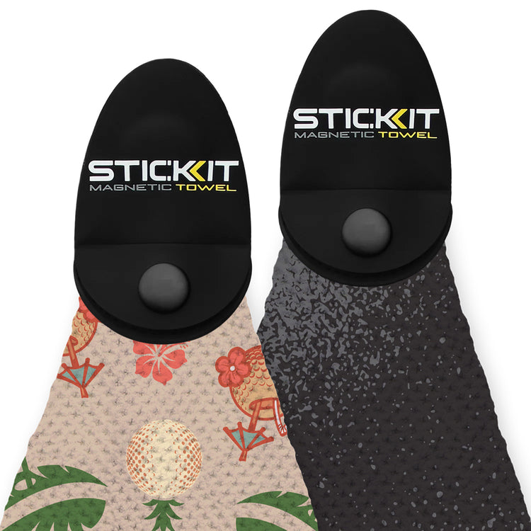 SticKit Magnetic Towel, black and patterned styles, lightweight microfiber, perfect for outdoor activities.