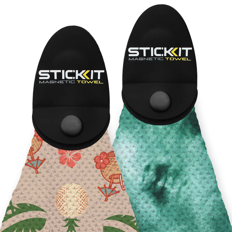 STIC KIT Magnetic Towel - Reversible, black with tropical print and teal, lightweight microfiber, ideal for beach or gym use.