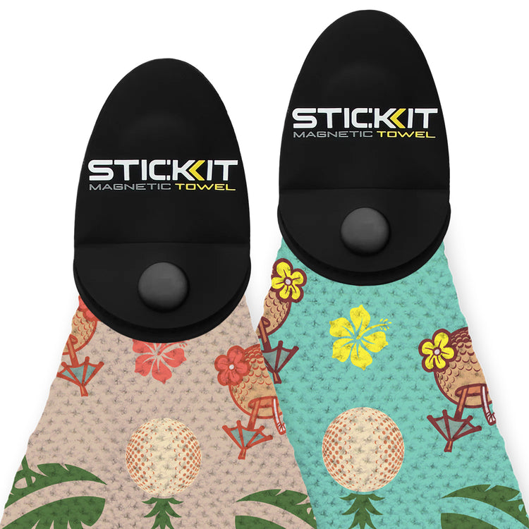 Colorful floral-patterned magnetic towels with black holders, perfect for beach or outdoor use. Lightweight and stylish.