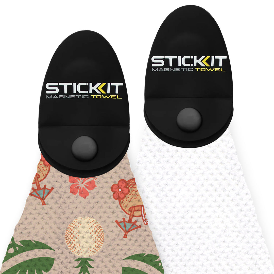 Black magnetic towel holder with tropical print on one side and white on the other, perfect for golf enthusiasts.