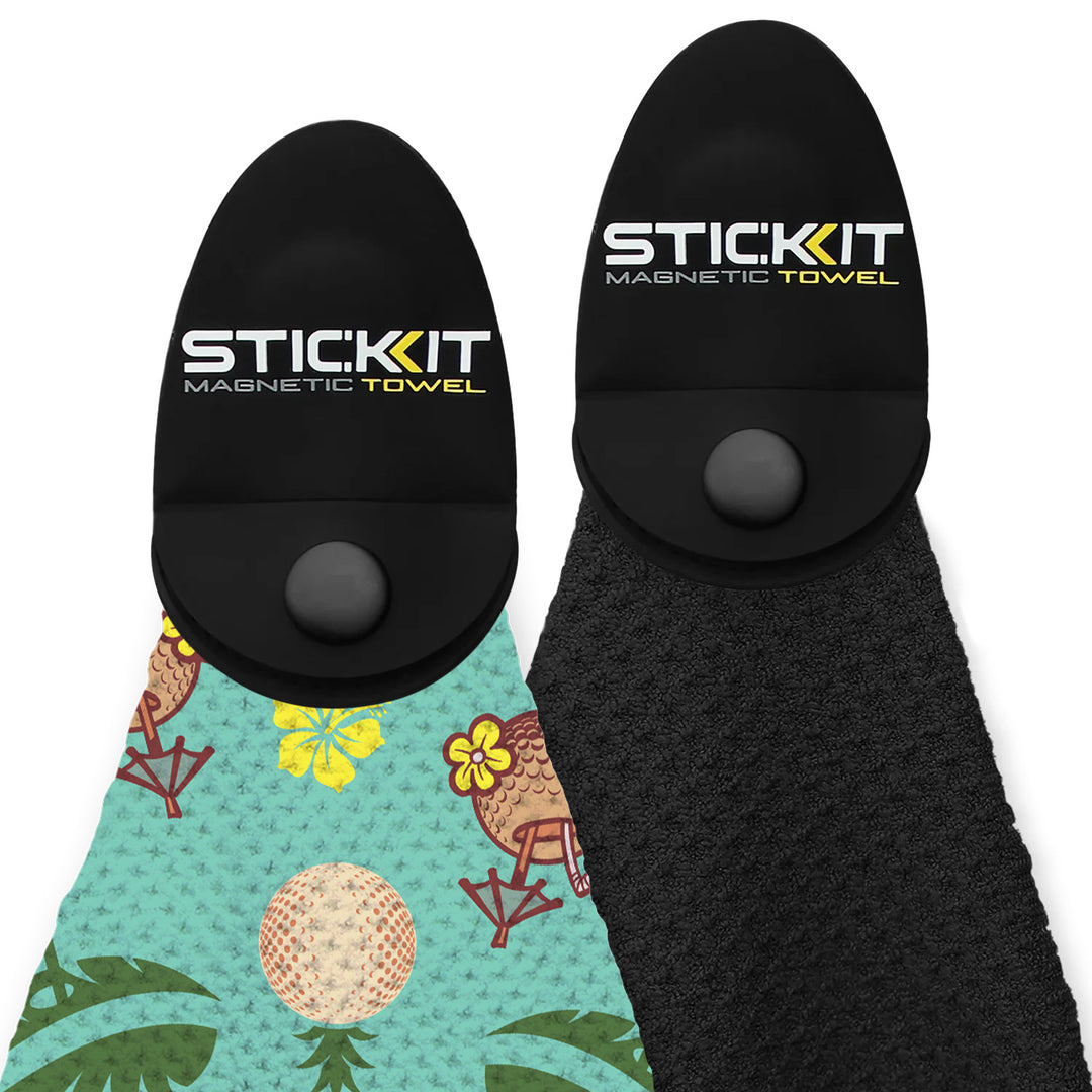 Colorful floral and tropical print magnetic towel with black microfiber reverse, perfect for outdoor use.