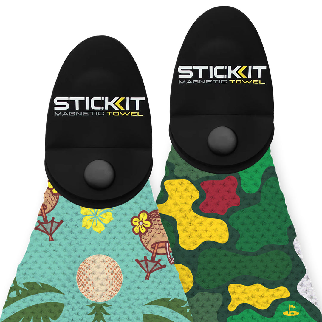 Colorful STICKIT Magnetic Towel, featuring floral and camouflage patterns, ideal for outdoor activities.