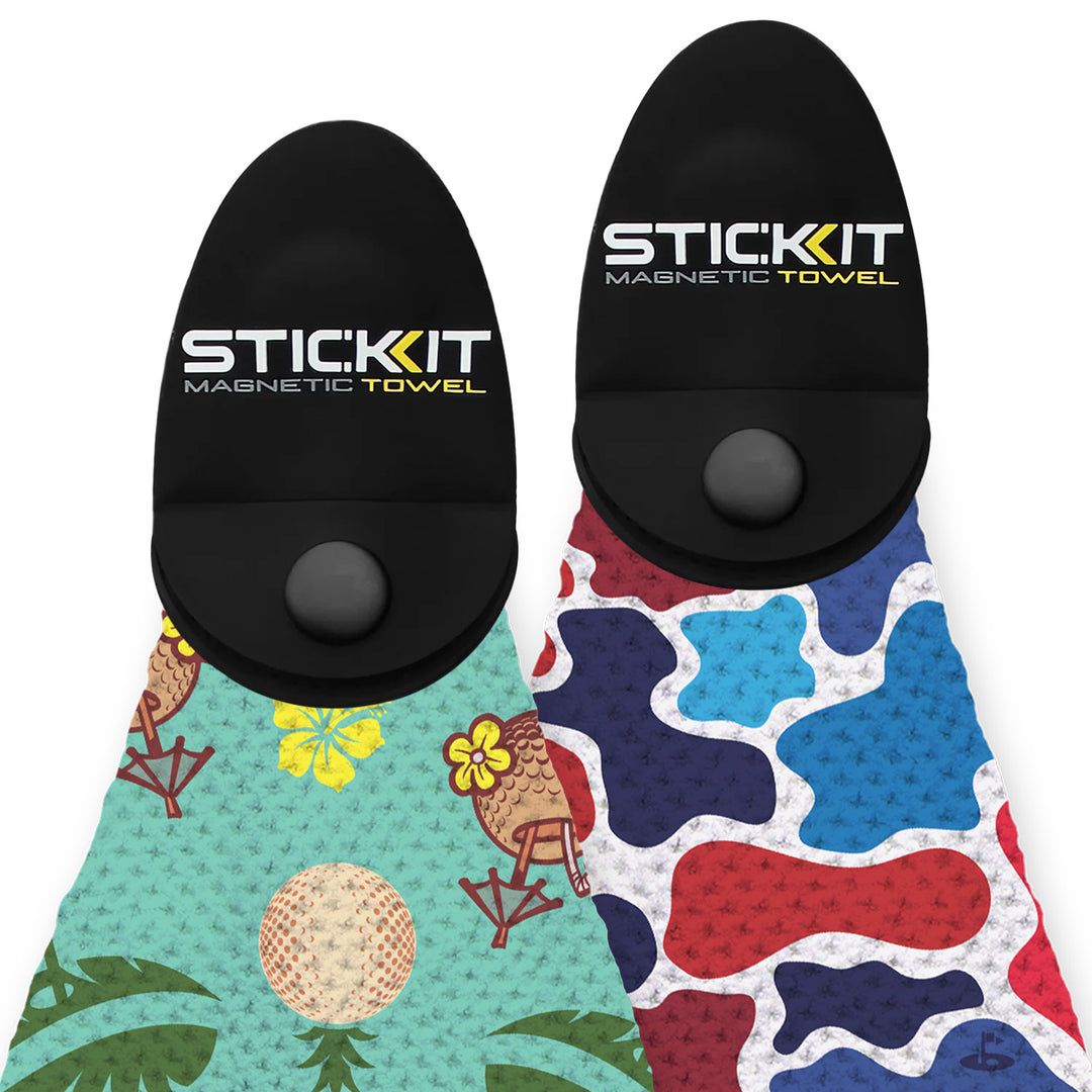 "STIC:KIT Magnetic Towel in colorful patterns with black secure magnet, perfect for beach or gym use."