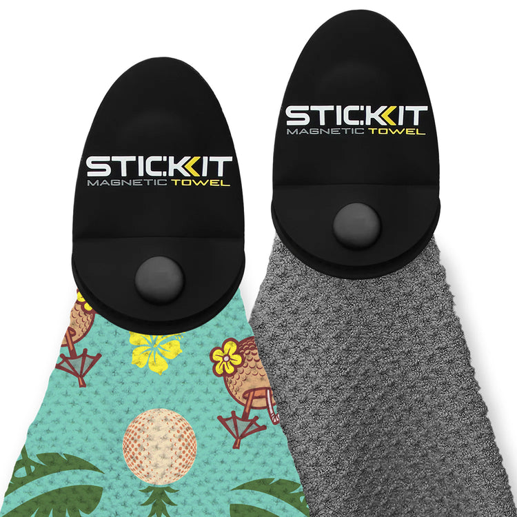 "Colorful tropical print and gray microfiber magnetic towels, perfect for beach or gym use."