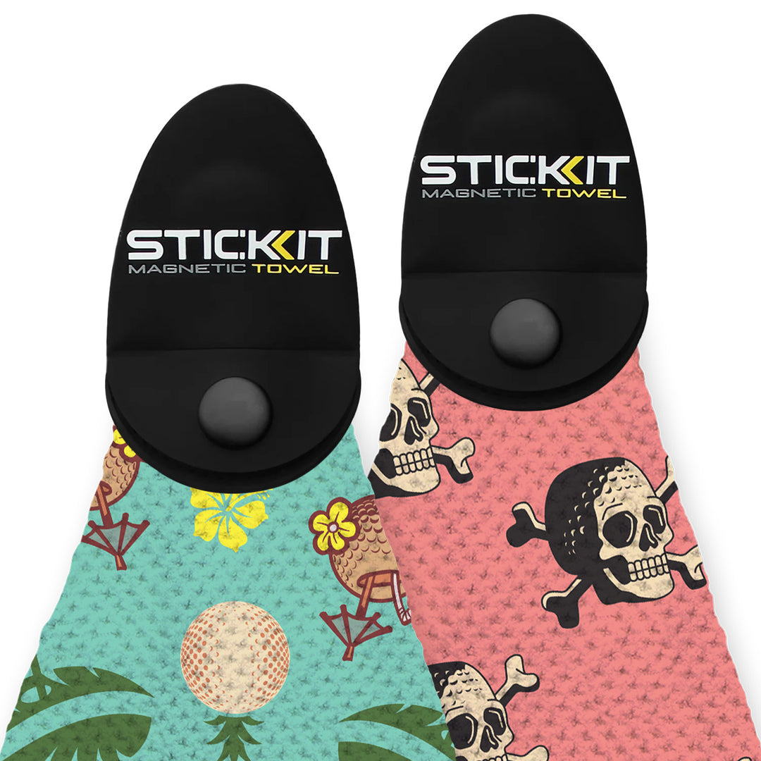 Colorful STIC KIT magnetic towels with tropical and skull designs, made of absorbent microfiber material.