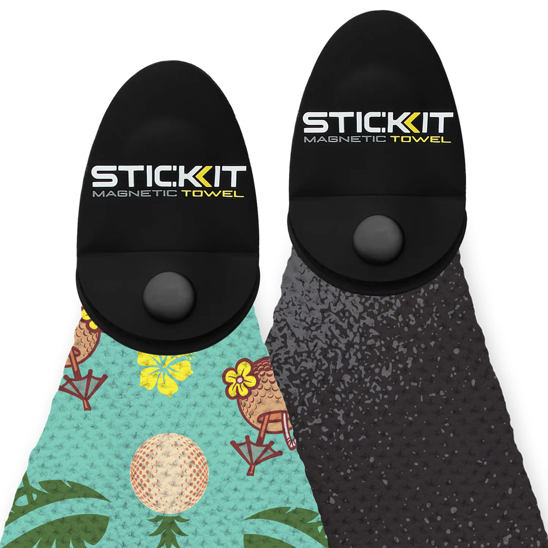 STIC:KIT magnetic towel set, featuring a vibrant tropical pattern and sleek black design, perfect for versatile outdoor use.