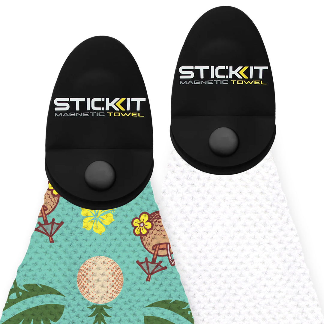 Black magnetic towel holder with tropical pattern and white absorbent fabric, perfect for outdoor adventures or beach days.