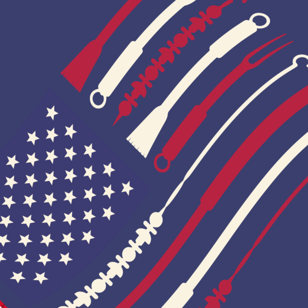 Red, white, and blue grilling utensil set featuring American flag design, ideal for outdoor cooking and BBQ enthusiasts.