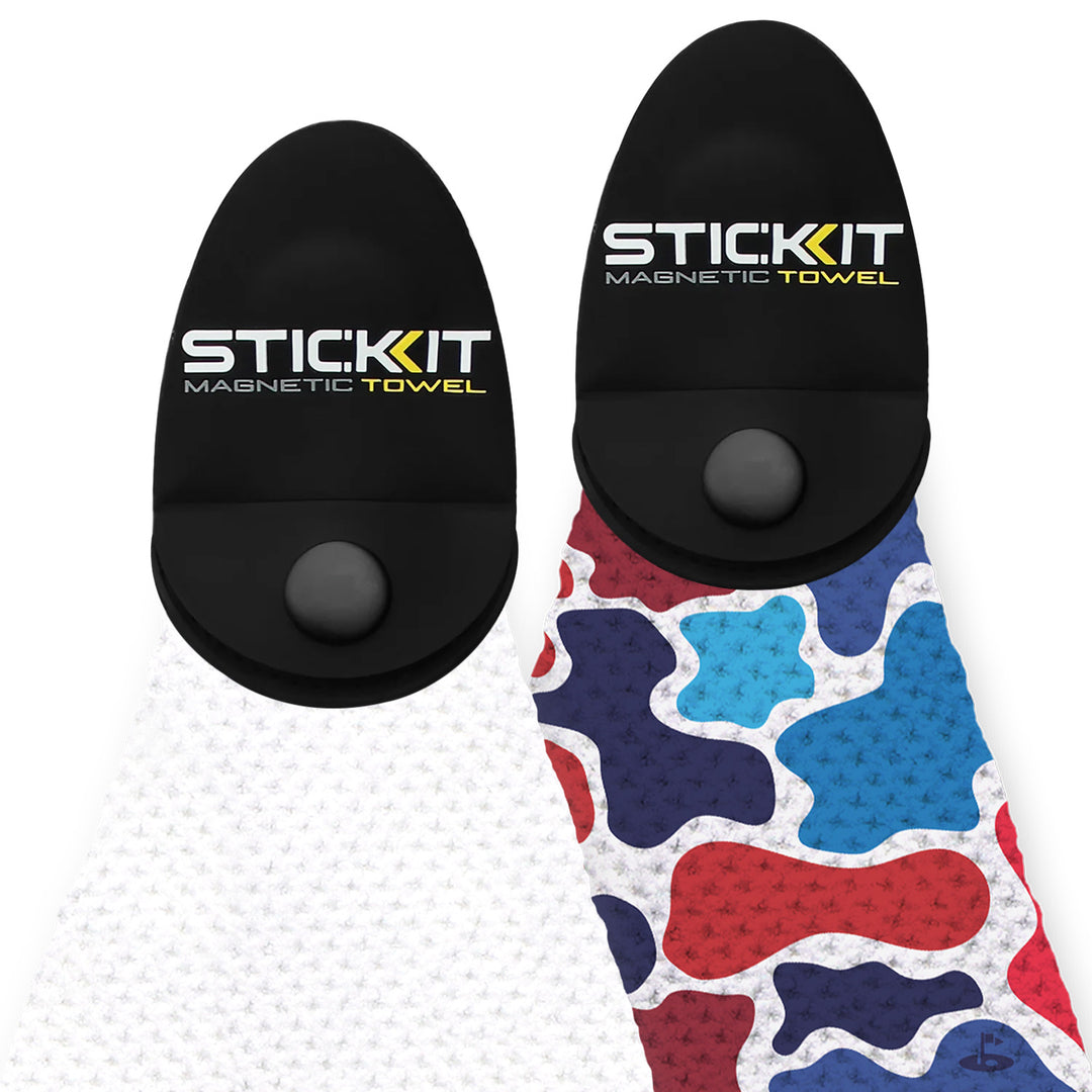 Black and white SticKit magnetic towels with a colorful patterned side, ideal for sports and outdoor activities.