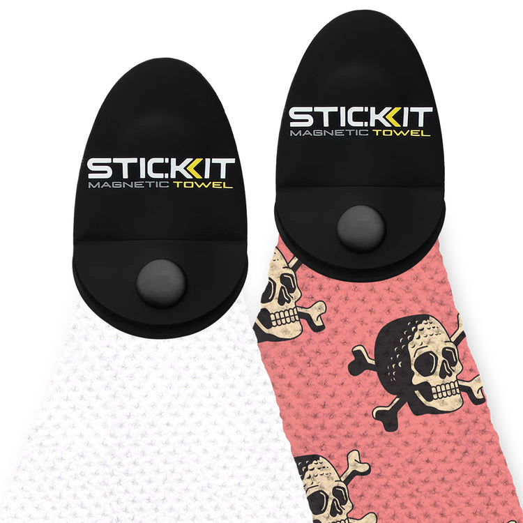 Black and white magnetic towels with skull designs, perfect for outdoor activities and functional use.