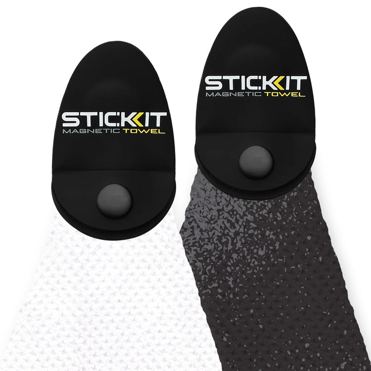 Black and white SticKit magnetic towels with textured fabric, ideal for outdoor activities and convenient attachment.