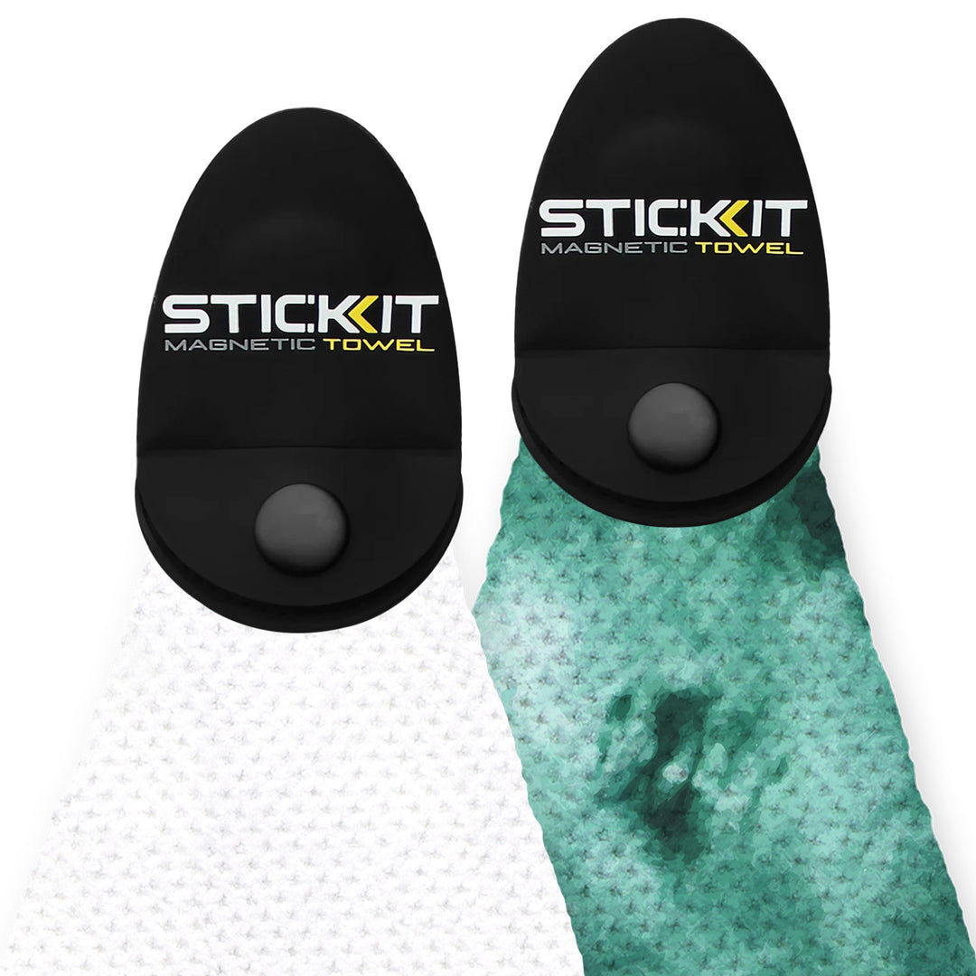 Black and green SticKit magnetic towels, made of soft, absorbent fabric, featuring a unique magnetic attachment design.