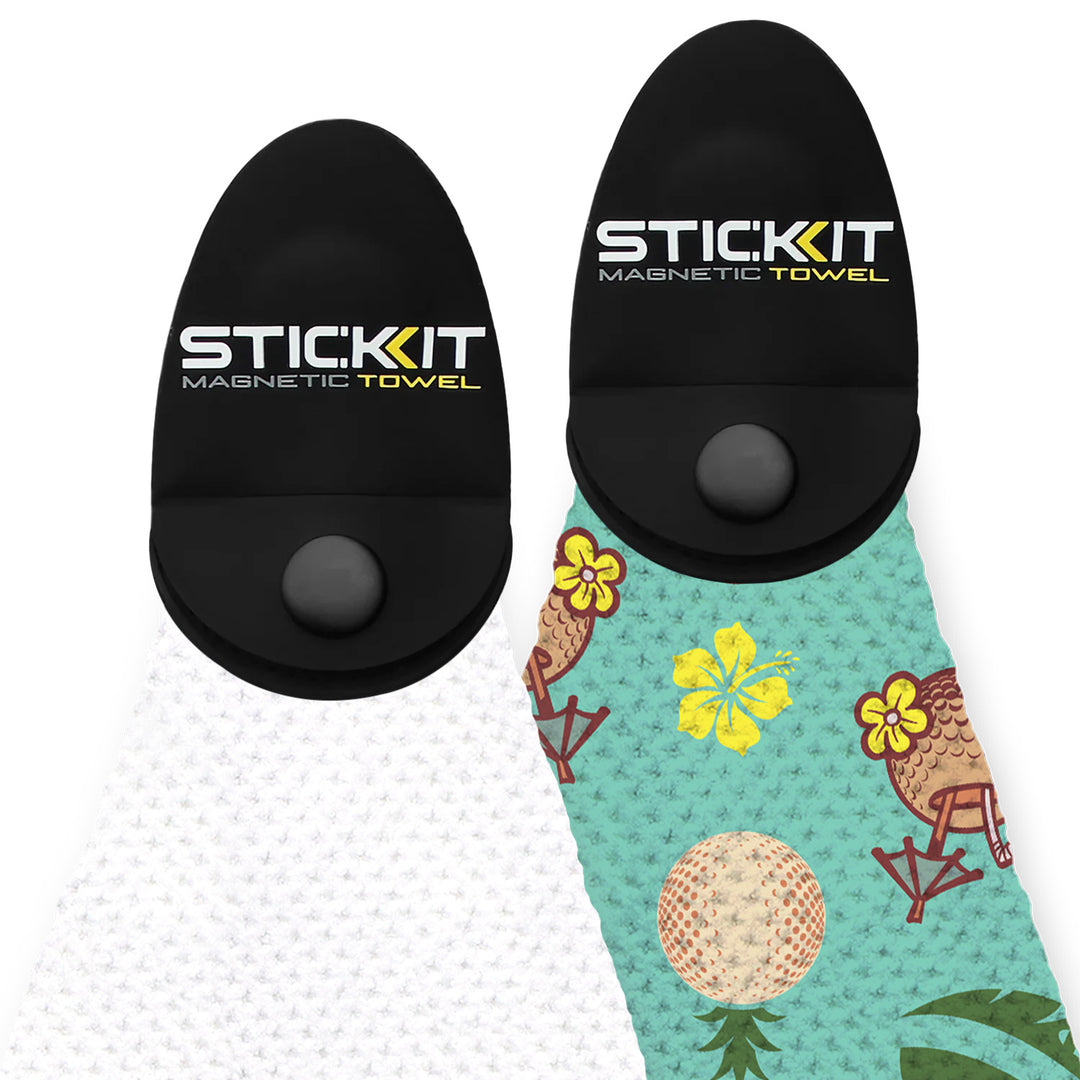 Black magnetic towel with tropical print side in mint green, featuring palm trees and pineapples, perfect for active lifestyles.