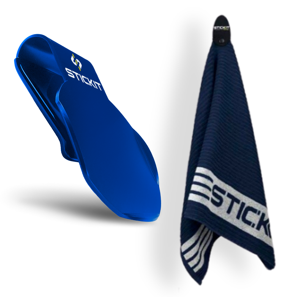 Blue Stickit towel holder with navy and white striped towel, perfect for gym use and sports activities.