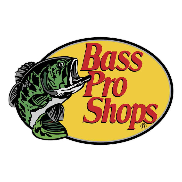 Bass Pro Shops logo featuring a vibrant green and black bass on a yellow oval background.