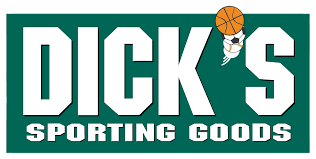 Green logo for Dick's Sporting Goods featuring bold white letters and a basketball graphic.