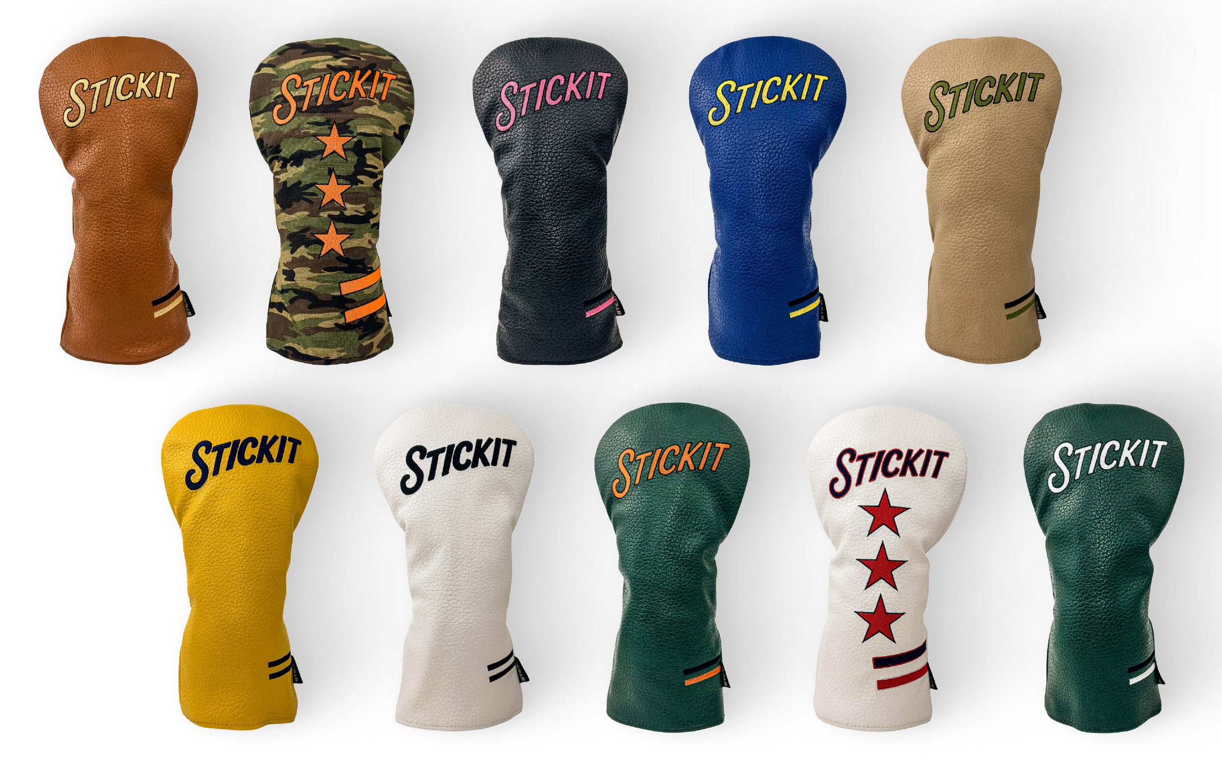 Colorful golf headcovers in leather and camo, featuring retro "STICK IT" design with star accents.