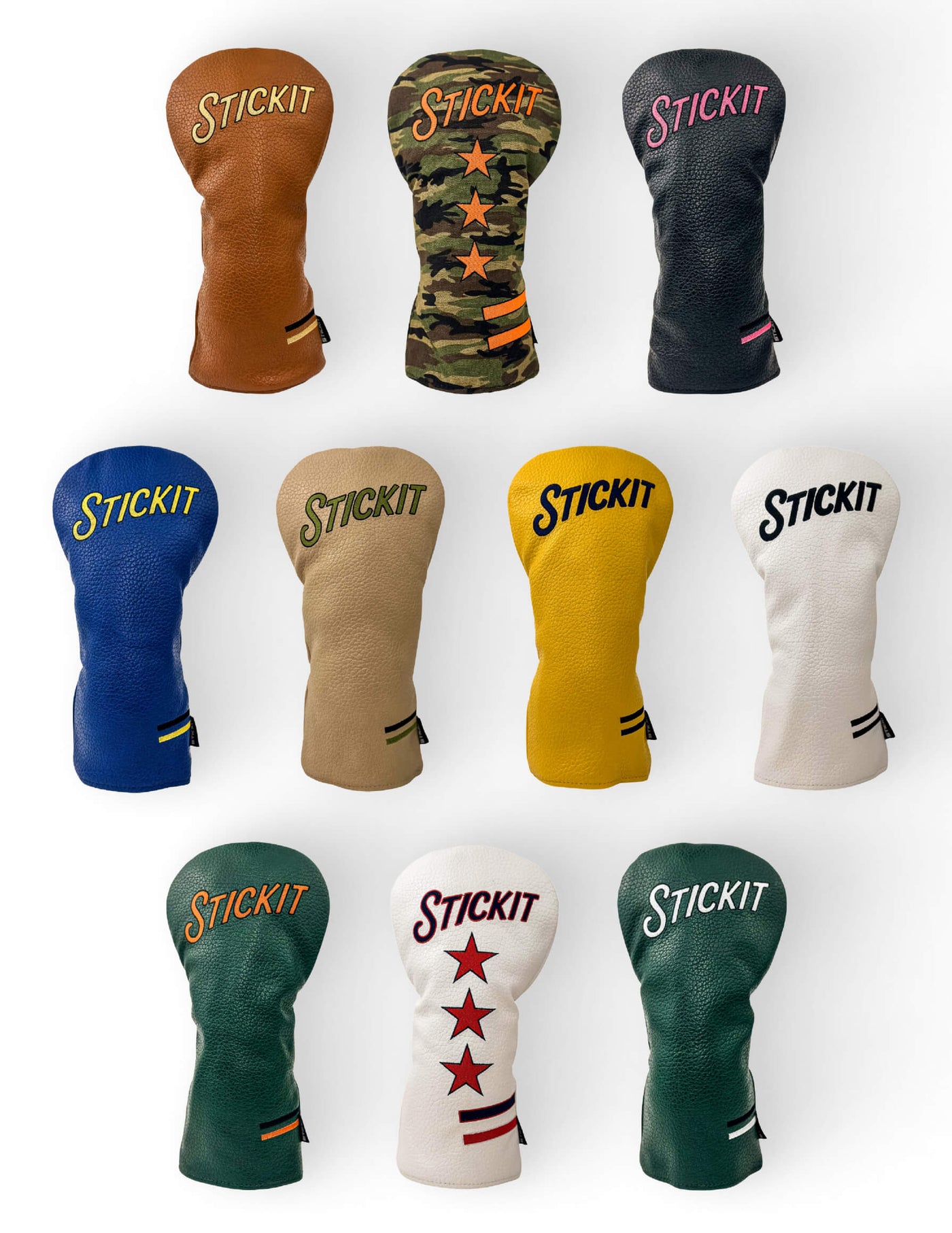 Colorful STICKIT boxing gloves in various styles: brown, yellow, green, camo, and black leather with star and logo designs.