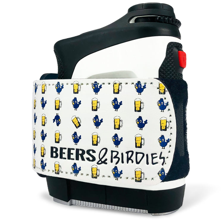 White and navy golf bag cooler with playful beer and bird patterns, featuring "BEERS & BIRDIES" text.