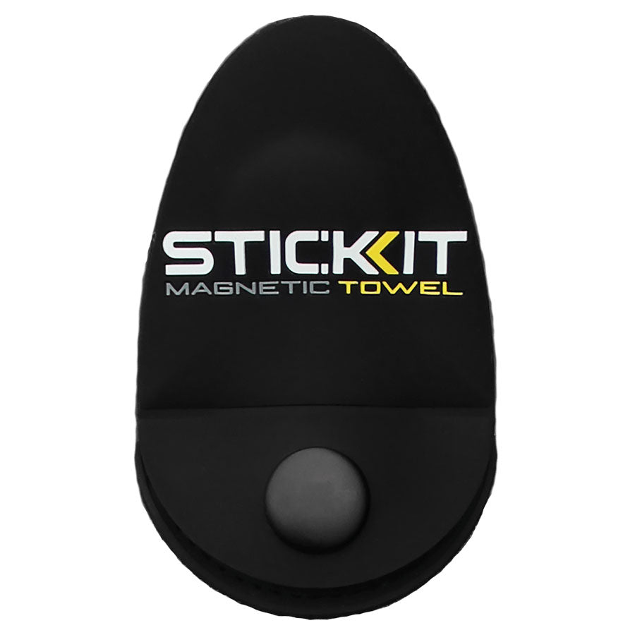 Black STICKIT magnetic towel with a secure clasp, perfect for outdoor activities and sports.