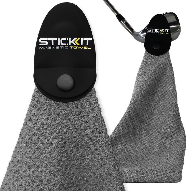 Gray microfiber golf towel with magnetic clip, featuring STICKIT branding for convenience and style.