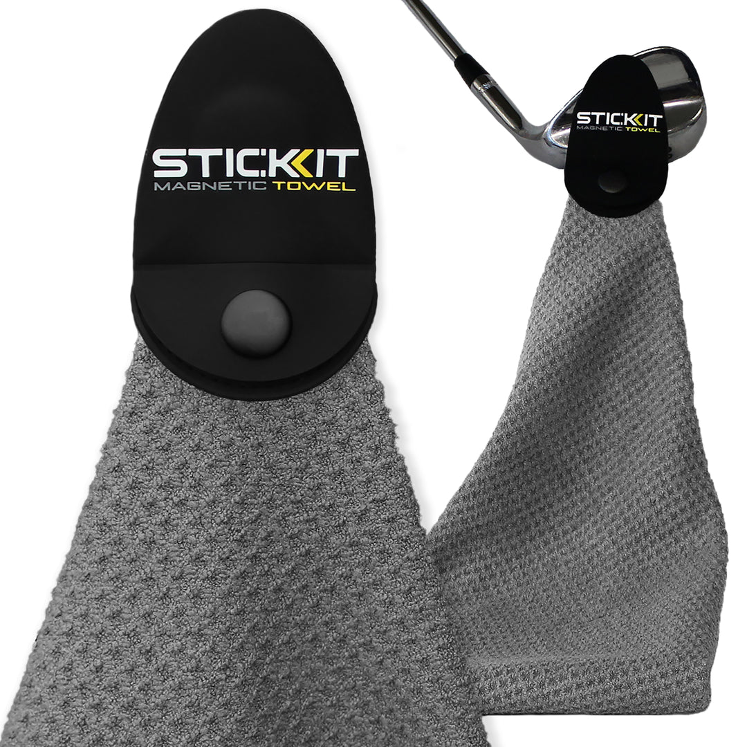 Gray microfiber golf towel with magnetic clip, featuring STICKIT branding for convenience and style.