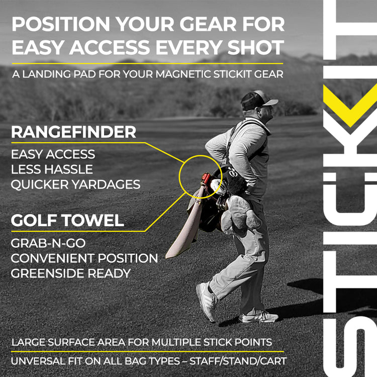 Magnetic golf gear landing pad in black and yellow, featuring a rangefinder and towel for easy access.