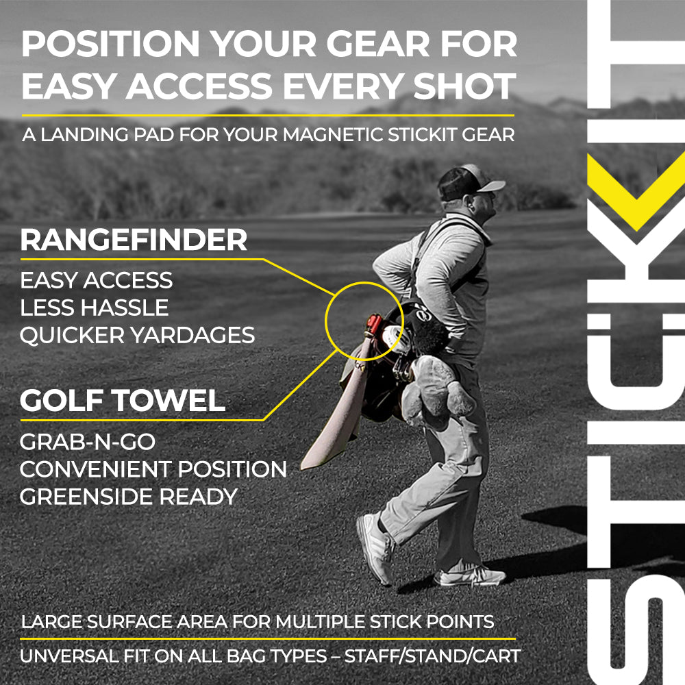 Magnetic golf gear landing pad in black and yellow, featuring a rangefinder and towel for easy access.