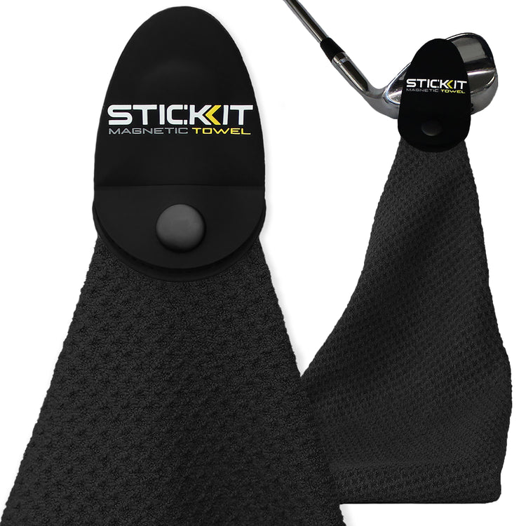 Black microfiber golf towel with magnetic clip and waffle weave texture, perfect for on-the-go cleaning.