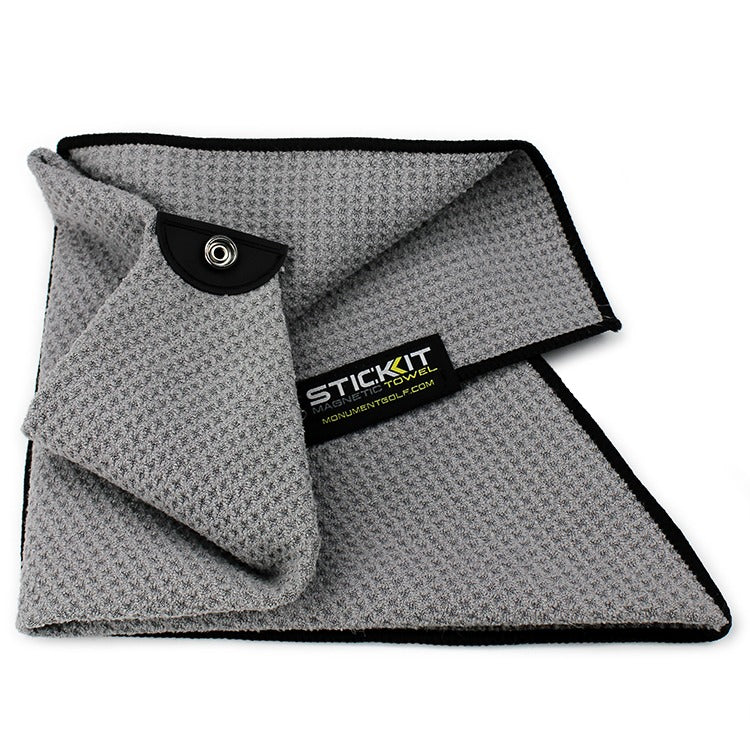 Grey microfiber cleaning towel with black trim, featuring a snap button for easy attachment and storage.