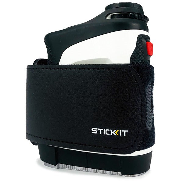 Black neoprene Stickit holster for handheld spray bottles, featuring a white accent and comfortable, adjustable strap.