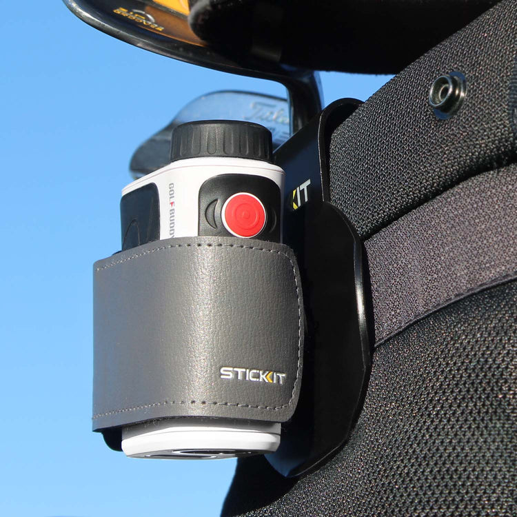 Gray leather golf rangefinder holder with red and black accents, designed for easy attachment to golf bags.
