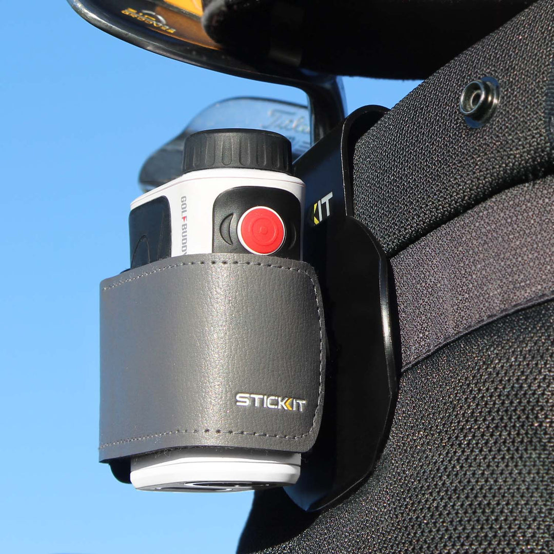 Gray leather golf rangefinder holder with red and black accents, designed for easy attachment to golf bags.