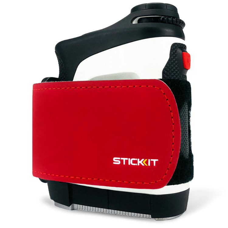 Red leather Stickit holster for handheld spray gun, featuring a sleek design with a white and black body.