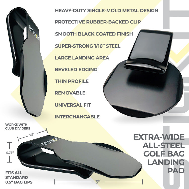 Black heavy-duty metal golf bag landing pad with rubber backing, extra-wide design, smooth finish, and universal fit.
