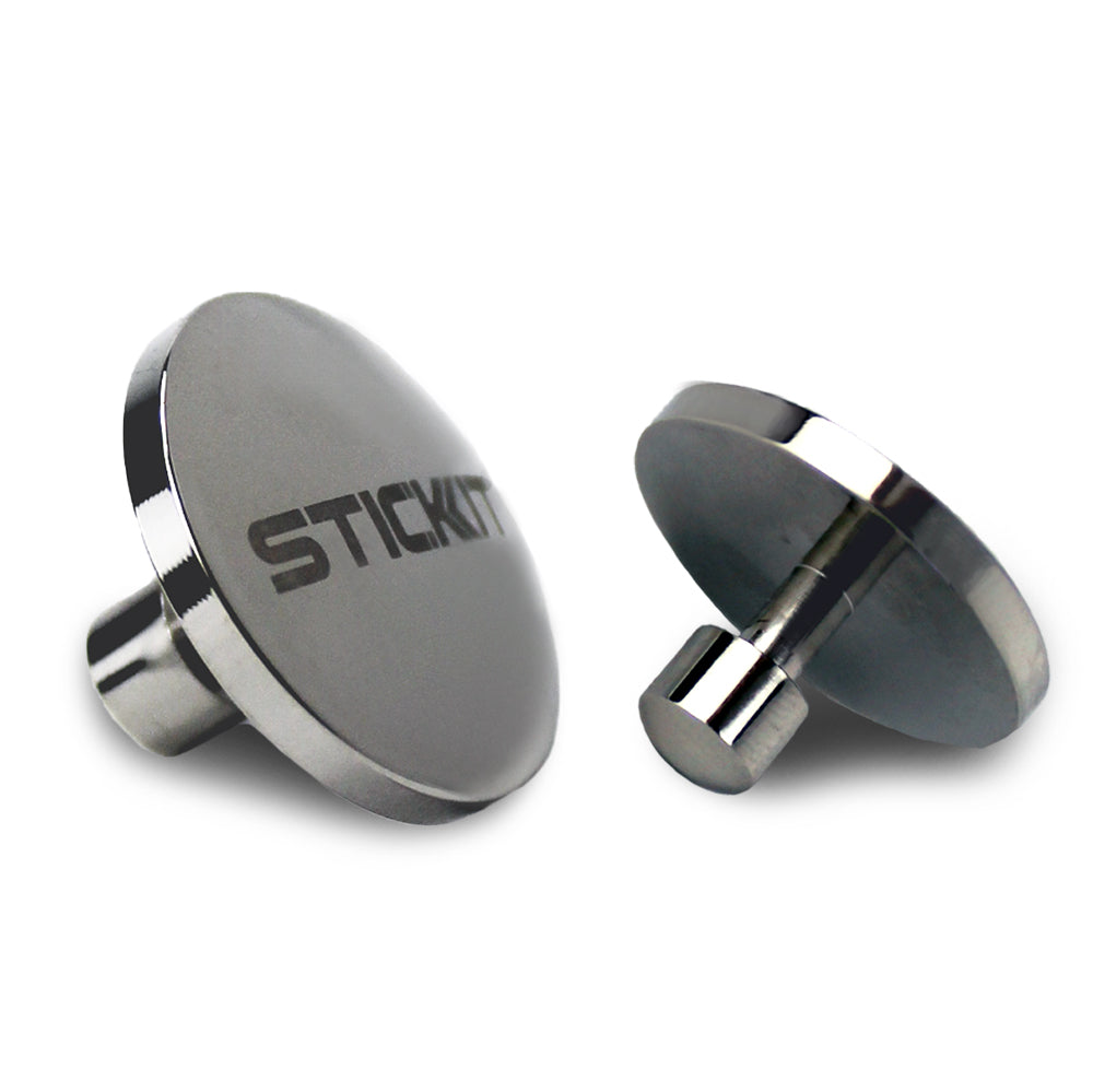 Silver stainless steel StickIt magnets with a sleek, polished finish, perfect for securing notes or documents.